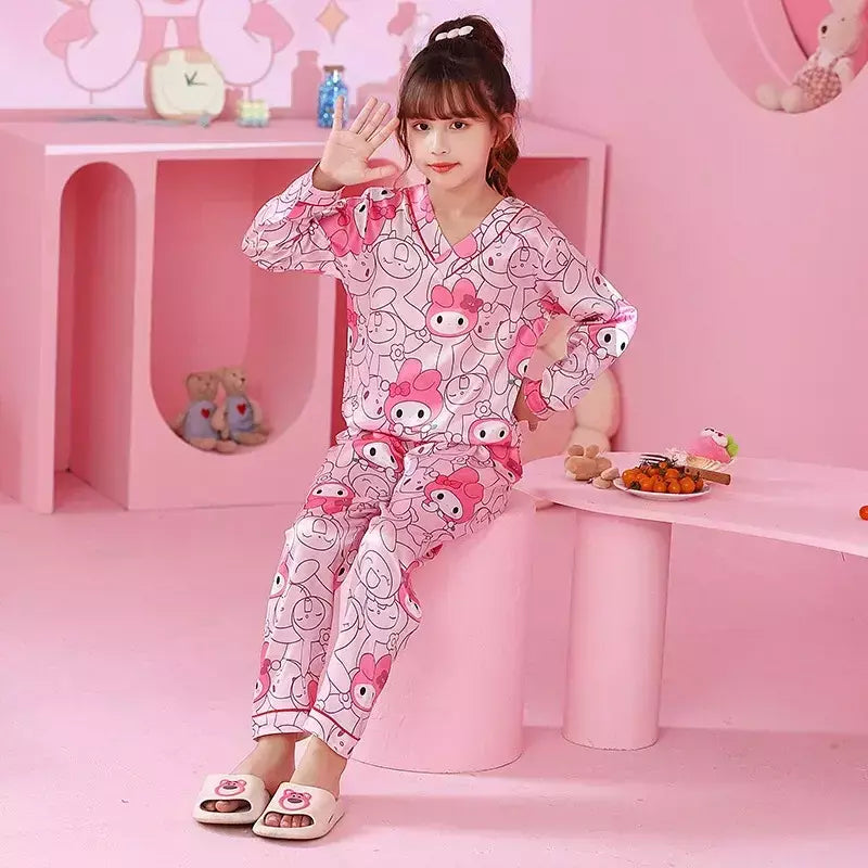 Ice Silk infantil Conjunto de Pijamas de manga curta, Pijamas gola V, Anime Sanrio Kuromi Minha melodia Desenhos animados, Cinnamoroll Menina, Cinnamoroll