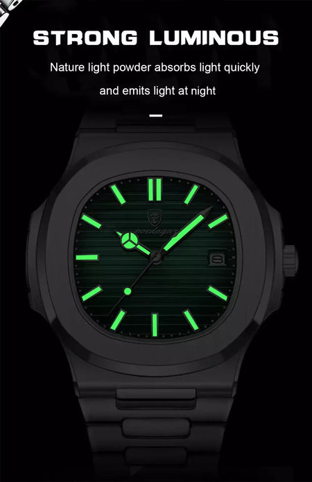 Poedagar quadrado na moda relógio de pulso masculino luminoso à prova dwaterproof água relógio de aço inoxidável para homem data quartzo negócios relógios masculinos reloj