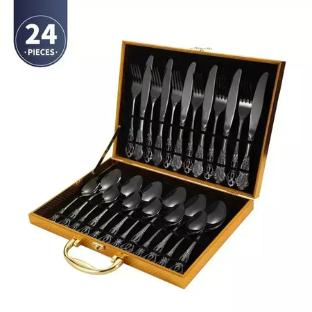 Conjunto de talheres de aço inoxidável dourado, colher europeia real, garfo, talheres completos, design retrô, seguro para máquina de lavar louça, talheres elegantes