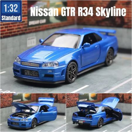 1/32 nissan skyline gtr r34 jdm modelo de carro de brinquedo diecast veículo em miniatura som & luz puxar para trás coleção presente crianças menino