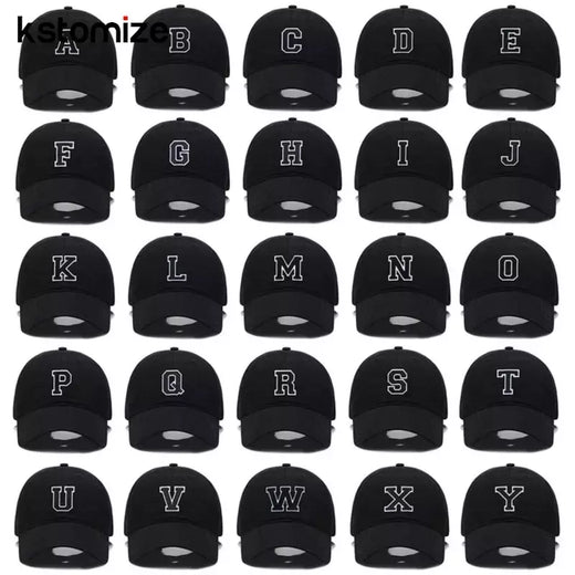 Boné bordado de algodão macio, letra inicial A-Z Snapback Caps para homens e mulheres, elegante equipe esporte viseiras, preto, alta qualidade