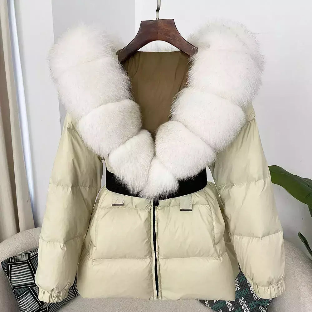 Oftbuy 2024 jaqueta de inverno feminina gola de pele de raposa natural real com capuz grosso quente 90% pato branco para baixo casaco feminino streetwear casual
