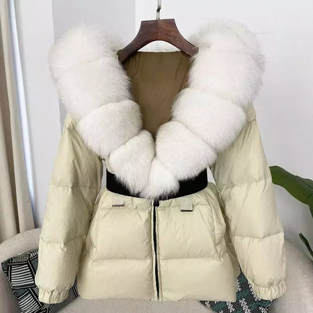 Oftbuy 2024 jaqueta de inverno feminina gola de pele de raposa natural real com capuz grosso quente 90% pato branco para baixo casaco feminino streetwear casual