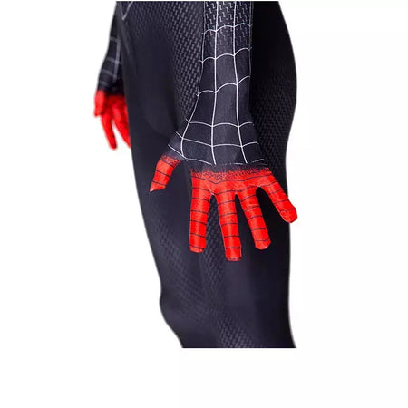 Crianças super-herói bodysuit milhas cosplay peter parker traje dos desenhos animados halloween conjunto com capuz traje de férias macacão com capuz separado