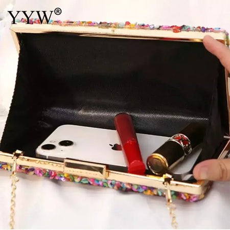 Bolsa acrílica com fecho interligado para menina, bolsa do casamento, pedra multicolorida, corrente de metal, crossbody, ombro, noite, difícil