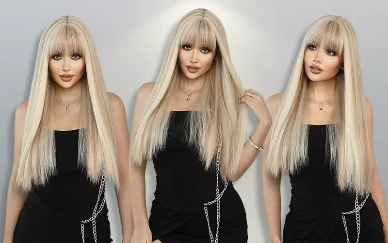 Peruca loira longa e reta para mulheres, festa diária, destaque marrom, perucas de cabelo sintético em camadas com franja, cosplay de halloween