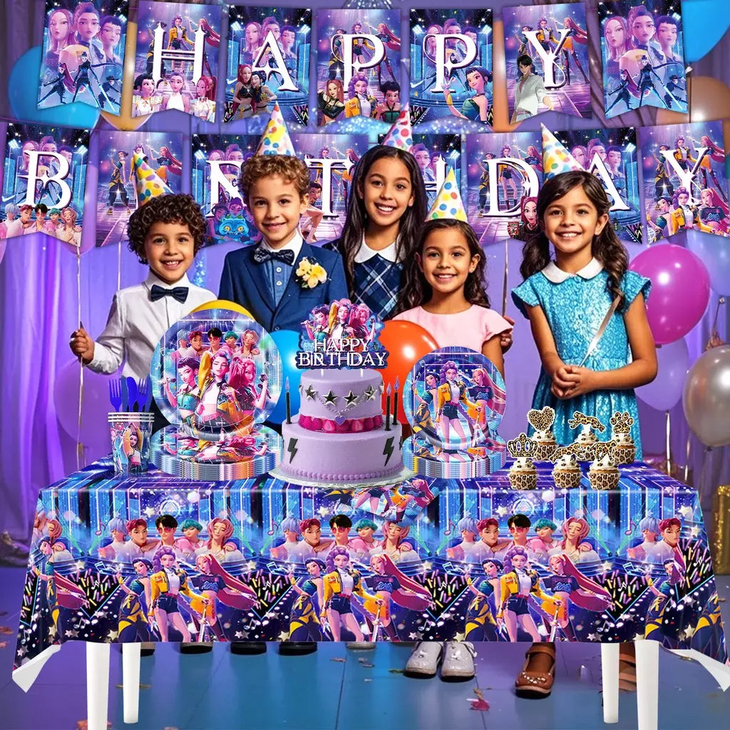Conjunto de talheres para decoração de festa de aniversário, caçadores de demônios, copo, prato, guardanapo, banner, balão, meninas, coreano, kpop, anime, suprimentos de festa, decoração