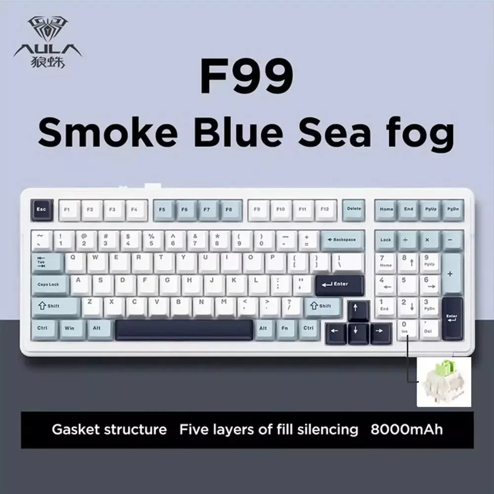 Aula f99 teclado mecânico para jogos, três modos, 2.4g, sem fio, bluetooth, com fio, troca quente, junta pbt, rgb para jogos, digitação, 99 teclas