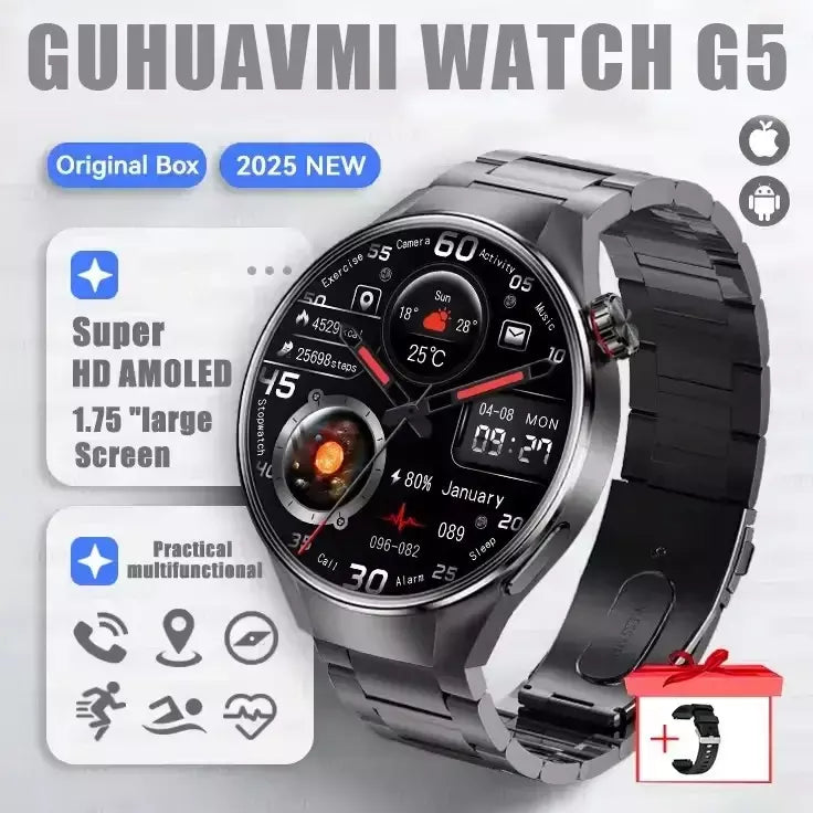2025 novo relógio original g5 plus relógio inteligente 1.75 "hd tela amoled gps pista freqüência cardíaca bluetooth chamada bússola smartwatch para homem