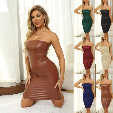 Vestido de couro pu saia feminina transfronteiriça sexy saia d23 ins estilo europeu americano sem mangas vestido estampado