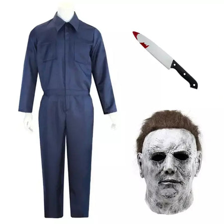 Michael Myers fantasia cosplay para homens e mulheres, roupas anime, assassino sangrento, macacão, máscara de horror, festa de Halloween