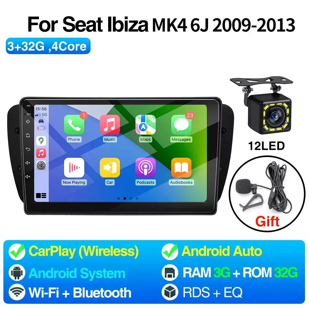 Rádio do carro de android para seat ibiza mk4 6j 2008-2015 reprodutor multimídia carplay android auto gps bluetooth wifi unidade principal do carro 9 polegadas