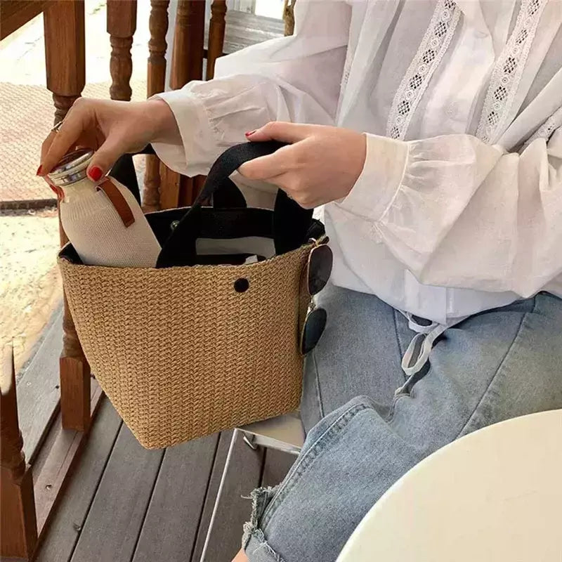 Fsafashion-bolsa de tecido palha para mulheres, bolsa casual para férias, bolsas com alça superior, bolsas de ombro retrô artesanais, moda feminina, 2024