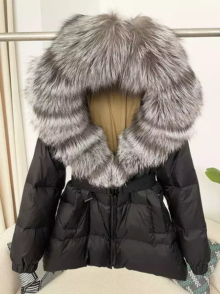 Oftbuy 2024 jaqueta de inverno feminina gola de pele de raposa natural real com capuz grosso quente 90% pato branco para baixo casaco feminino streetwear casual