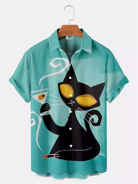 Camisa havaiana dos desenhos animados de anime masculino, Tops de manga curta, roupas casuais masculinas, rua, animais, gatos, retrô, 3D Tees, verão