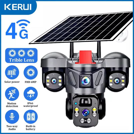 Kerui v380 pro ao ar livre ptz 6mp wifi 4g câmera solar de segurança em casa lente tripla câmera painel solar cctv vigilância vídeo