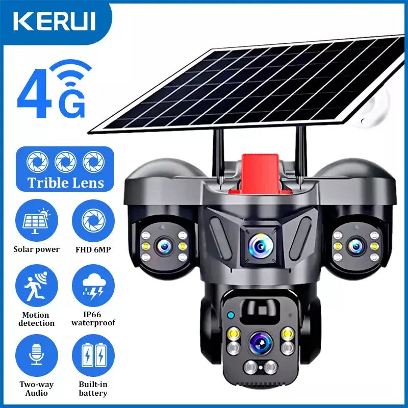 Kerui v380 pro ao ar livre ptz 6mp wifi 4g câmera solar de segurança em casa lente tripla câmera painel solar cctv vigilância vídeo