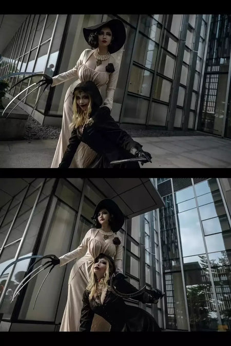 Em estoque traça senhora mal cosplay fantasia aldeia vampiro senhora dimitrescu traje feminino vestido preto halloween carnaval festa terno