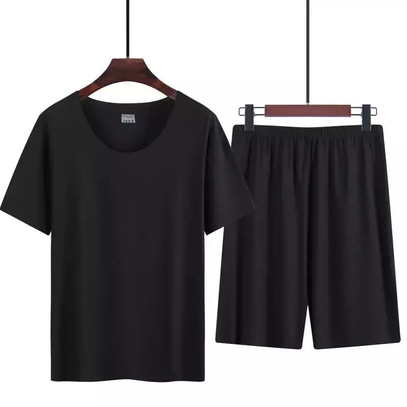 Verão pijamas masculinos terno fino gelo casa roupas traceless manga curta shorts em torno do pescoço casual roupas de verão
