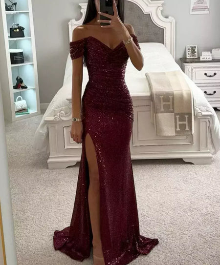 Vestido Dividido de Pescoço Uma Linha Feminino, Lantejoulas, Dividido, Versátil, Elegante, Charme, Emagrecedor, Festa, INS, Emagrecimento, S-XL Size, Novo