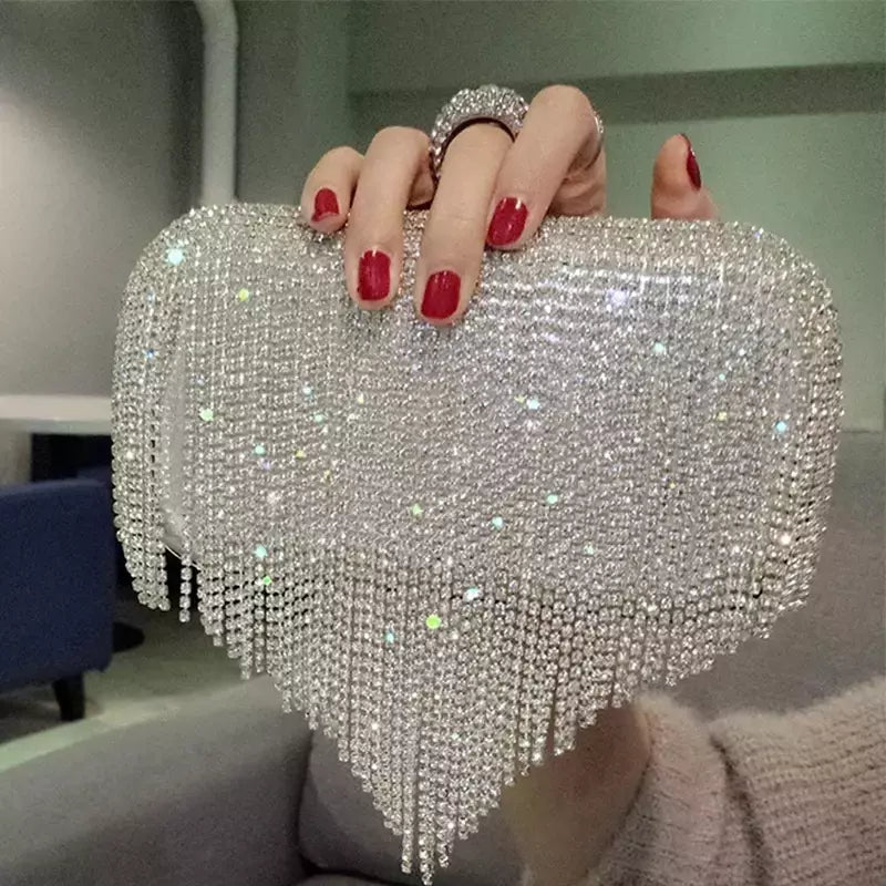 Embreagem de borla de diamantes brilhantes para mulheres, bolsa caixa de metal, bolsa de festa noturna, alça redonda, moda