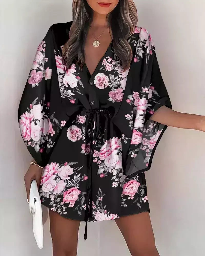 Mini vestido solto com cordão feminino, manga de batwing, botão sexy, gola V, cobertura de festa, estampa moda praia, verão