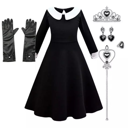 Crianças addams traje do bebê meninas família cosplay traje de halloween crianças família dança vestido preto quarta-feira pageant fantasia