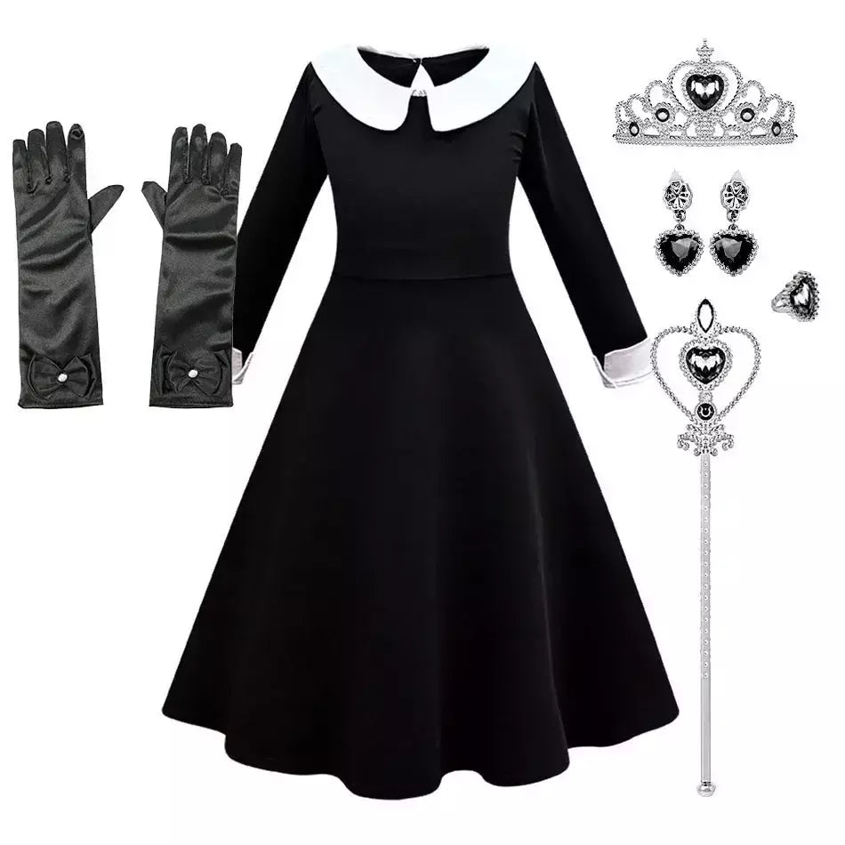 Crianças addams traje do bebê meninas família cosplay traje de halloween crianças família dança vestido preto quarta-feira pageant fantasia