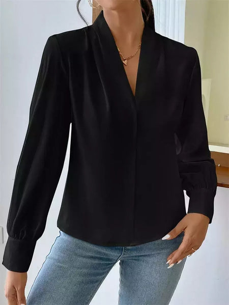Pulôver de manga comprida com decote V feminino, camisa elegante, estilo britânico, tops urbanos, monocromático, confortável, blusa casual feminina, outono