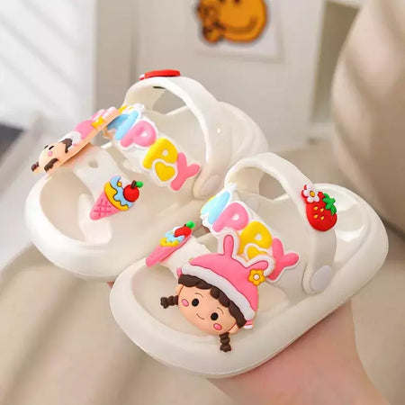 Sandálias infantis de desenhos animados antiderrapantes, sandálias de coelho bonito para bebês, sola macia para meninos, sapatos de praia infantil, verão