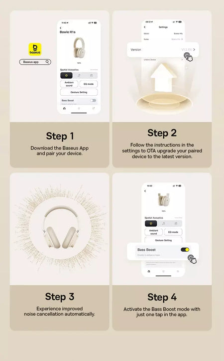 Baseus bowie h1s fones de ouvido sem fio bluetooth 5.4 cancelamento de ruído 46db sobre a orelha fone de ouvido de áudio espacial de alta resolução 120h tempo