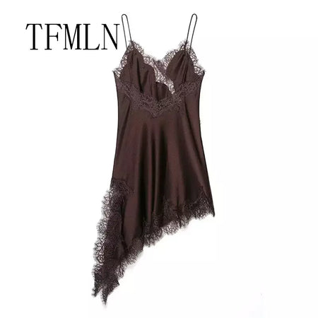 Tfmln feminino sexy rendas emenda vestidos de verão sólido sem mangas assimetria vestido sem costas magro festa feminina estilingue mini vestido