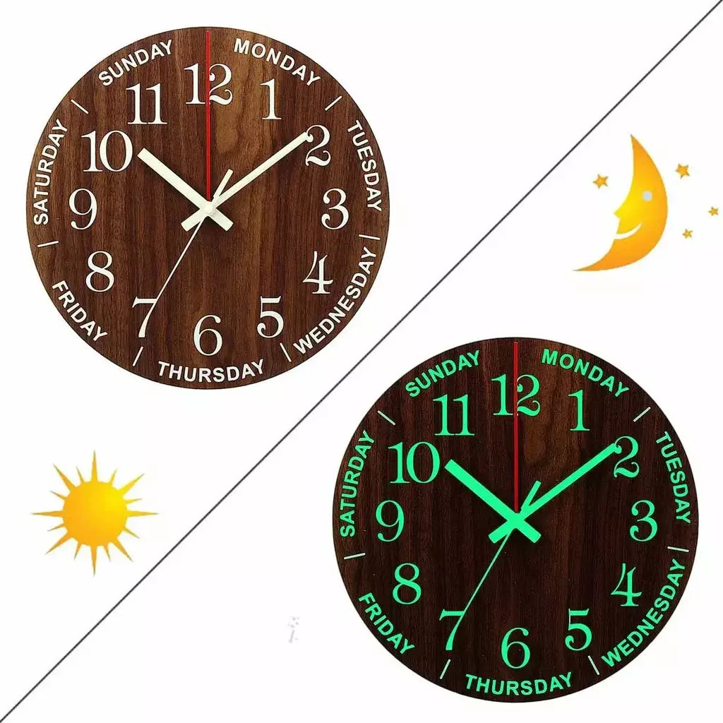 12 Polegada relógio de parede luminoso madeira luz silenciosa na noite escura nordic moda relógio de parede não ticking com luz noturna