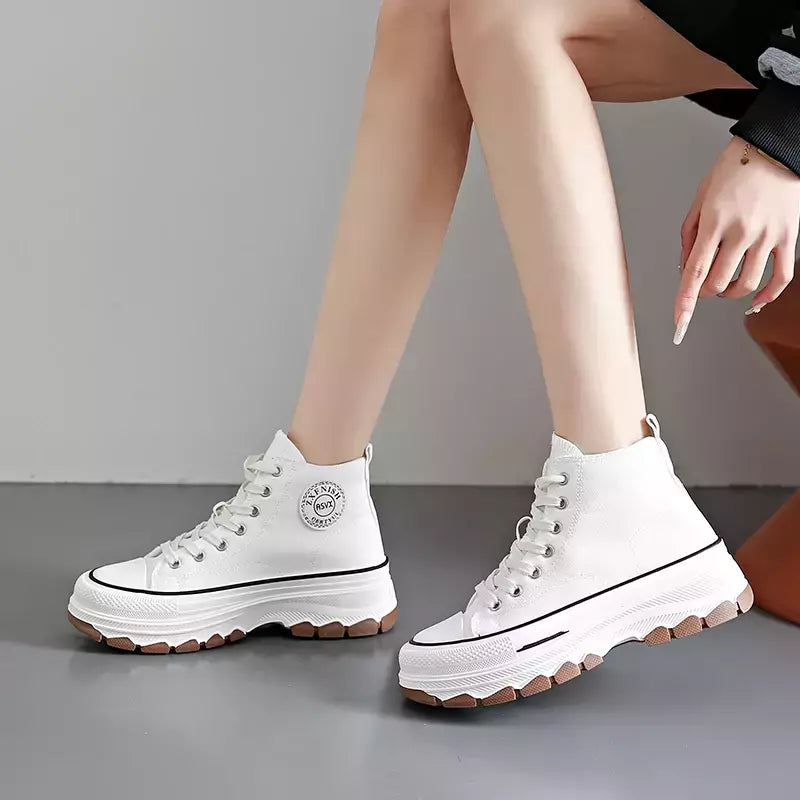 Tênis casual de cano alto para mulheres, com cordões, lona de altura da plataforma, antiderrapante, resistente ao desgaste, sapatos femininos vulcanizados, primavera, 2024