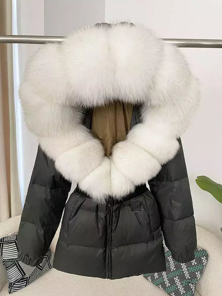 Oftbuy 2024 jaqueta de inverno feminina gola de pele de raposa natural real com capuz grosso quente 90% pato branco para baixo casaco feminino streetwear casual