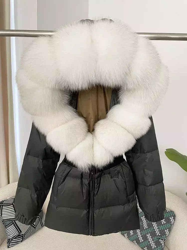 Oftbuy 2024 jaqueta de inverno feminina gola de pele de raposa natural real com capuz grosso quente 90% pato branco para baixo casaco feminino streetwear casual