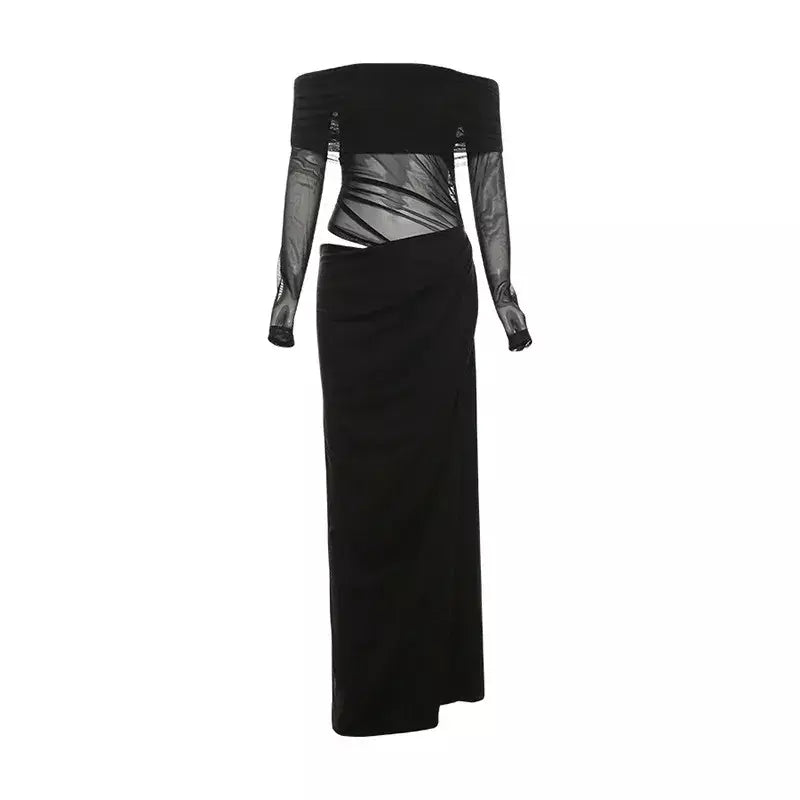 Oco sexy vestido longo feminino um ombro malha transparente festa noite vestido de malha verão moda cor sólida maxi vestidos