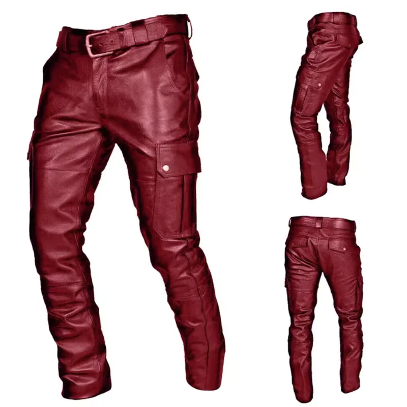 Novos Homens Calças De Couro Preto/Vermelho/Marrom Moda Masculina Dança Festa Calças Casuais Tamanho Grande 5XL