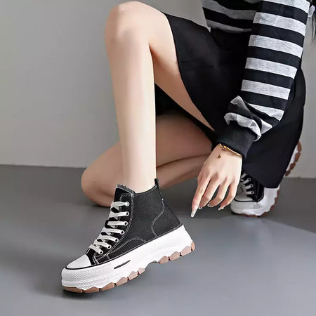 Tênis casual de cano alto para mulheres, com cordões, lona de altura da plataforma, antiderrapante, resistente ao desgaste, sapatos femininos vulcanizados, primavera, 2024