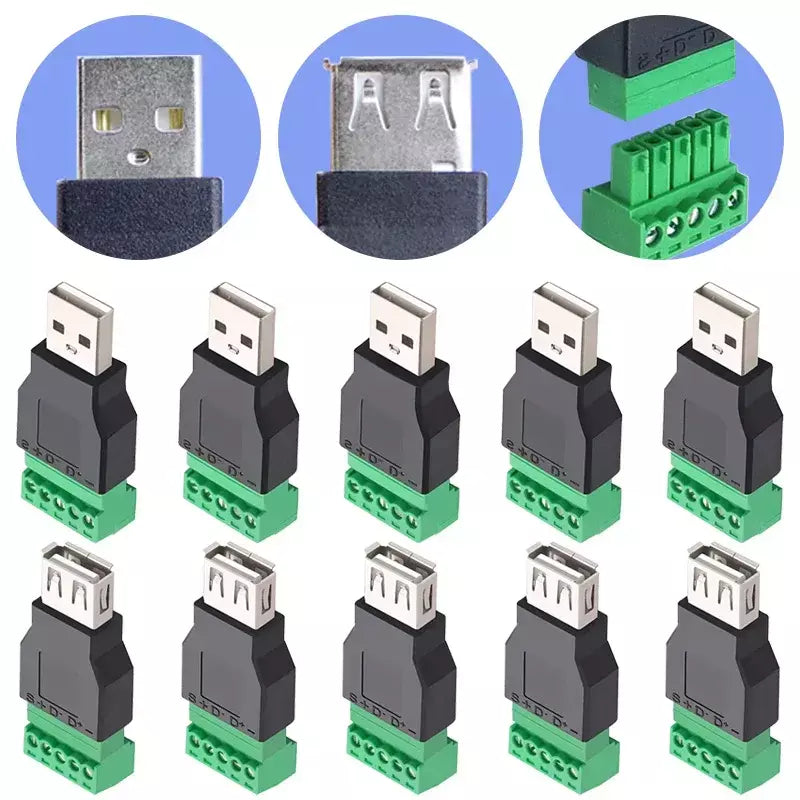 Conector tipo usb 2.0 com terminal de parafuso de 5 pinos, tomada usb macho fêmea sem solda para computador, tv, telefone, teclado, mouse
