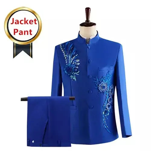 (Jaqueta + calça) moda masculina palco desempenho vestido ternos 2025 novo masculino estilo chinês levante-se colarinho decalque blazer e calças