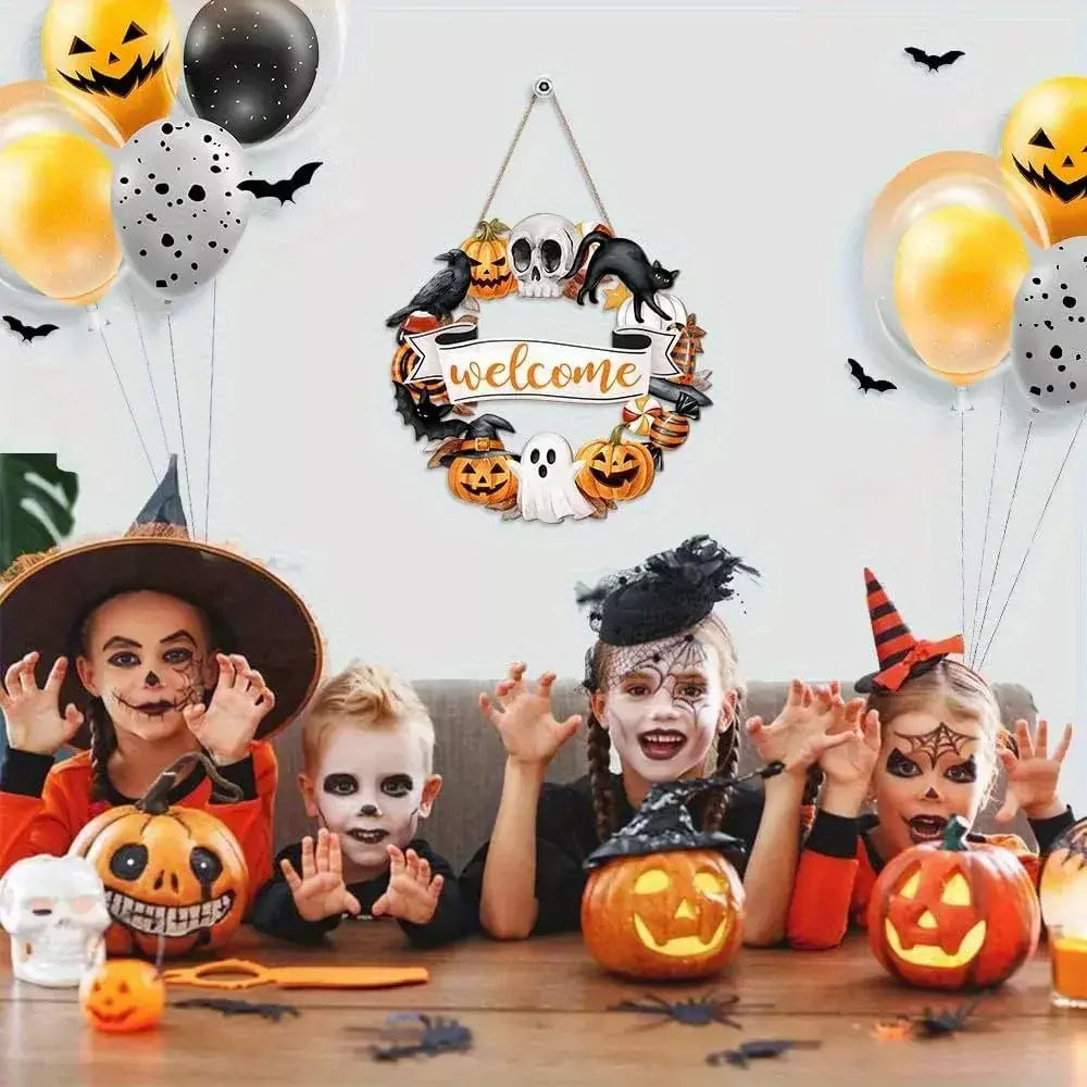Novo sinal decorativo de madeira 2d de halloween com abóbora de gato preto e fantasma-design "bem" para pendurar na porta decoração de festival fantasma