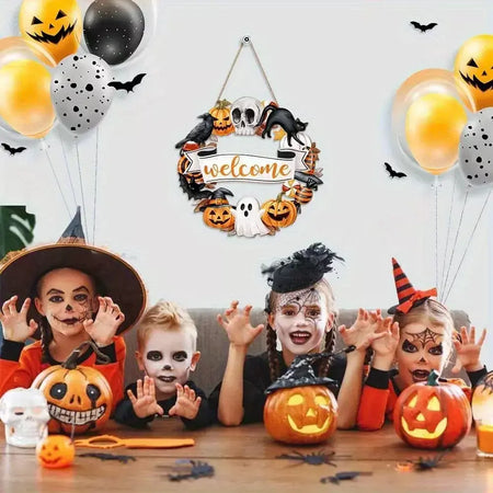 Novo sinal decorativo de madeira 2d de halloween com abóbora de gato preto e fantasma-design "bem" para pendurar na porta decoração de festival fantasma