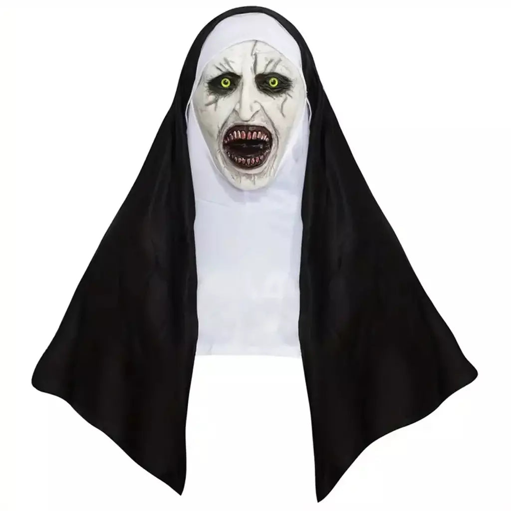 Horror a freira máscara cosplay assustador demônio sangrento fantasma rosto máscaras de látex com lenço festa de halloween traje adereços deluxe