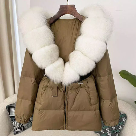 Oftbuy 2024 jaqueta de inverno feminina gola de pele de raposa natural real com capuz grosso quente 90% pato branco para baixo casaco feminino streetwear casual