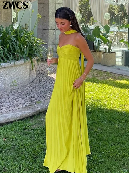 Vestido longo plissado sem alças feminino, Elegante, Sem alças, Fita, Plissado, Sexy, Sem mangas, Sem encosto, Lady, Festa à noite, Novo, Verão, 2022