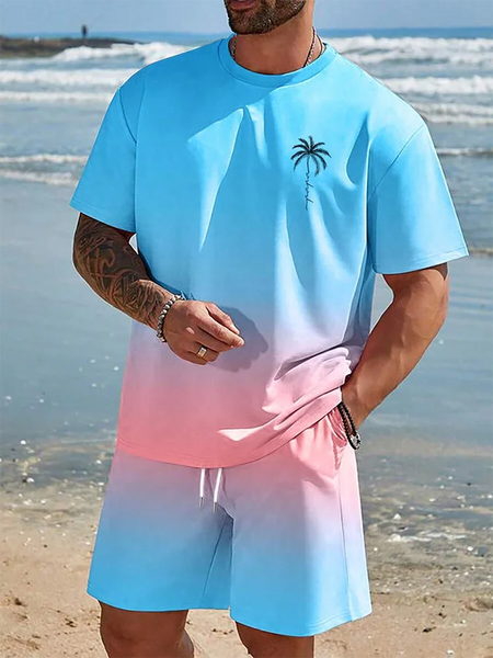 Camiseta de praia havaiana masculina, conjunto de 2 peças, manga curta, estampa palmeira, decote em O, moda exterior, casual, verão