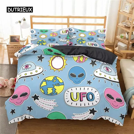 Conjunto de cama para meninos da aviação dos desenhos animados, astronauta Duvet Cover, Blue Sky Dream Quilt Cover, gêmeo, único, tamanhos duplos, fronha