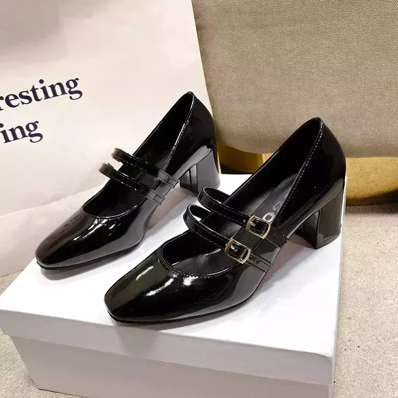 Sapatos Mary Janes de fivela dupla feminina, couro envernizado, cabeça quadrada, salto quadrado, cor sólida, primavera, outono, 2022