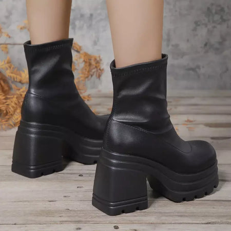 Mulheres nova moda botas curtas mulheres sexy bota de couro dedo do pé quadrado casual zíper salto alto casual sola grossa sapatos femininos zapatos